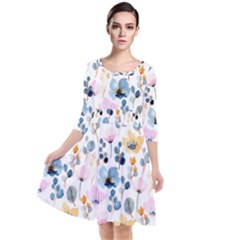 Watercolor Floral Seamless Pattern Quarter Sleeve Waist Band Dress by TastefulDesigns