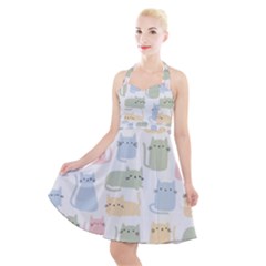 Cute Cat Colorful Cartoon Doodle Seamless Pattern Halter Party Swing Dress  by Vaneshart