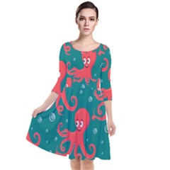 Cute Smiling Red Octopus Swimming Underwater Quarter Sleeve Waist Band Dress by BangZart
