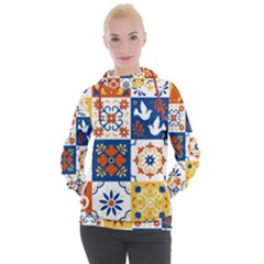 Mexican Talavera Pattern Ceramic Tiles With Flower Leaves Bird Ornaments Traditional Majolica Style Women s Hooded Pullover by BangZart