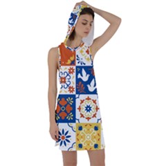 Mexican Talavera Pattern Ceramic Tiles With Flower Leaves Bird Ornaments Traditional Majolica Style Racer Back Hoodie Dress by BangZart
