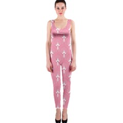 White And Pink Art-deco Pattern One Piece Catsuit by Dushan