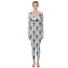 Black And White Art-deco Pattern Long Sleeve Catsuit by Dushan
