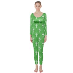Green And White Art-deco Pattern Long Sleeve Catsuit by Dushan