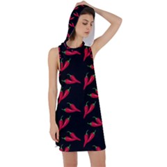 Red, Hot Jalapeno Peppers, Chilli Pepper Pattern At Black, Spicy Racer Back Hoodie Dress by Casemiro