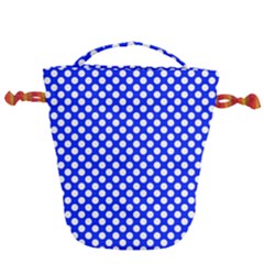 Dark Blue And White Polka Dots Pattern, Retro Pin-up Style Theme, Classic Dotted Theme Drawstring Bucket Bag by Casemiro