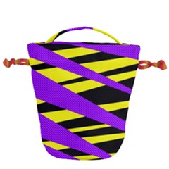 Abstract Triangles, Three Color Dotted Pattern, Purple, Yellow, Black In Saturated Colors Drawstring Bucket Bag by Casemiro