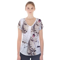 Laughing Kitten Short Sleeve Front Detail Top by Sparkle