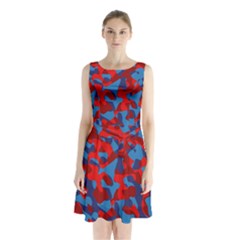 Red And Blue Camouflage Pattern Sleeveless Waist Tie Chiffon Dress by SpinnyChairDesigns