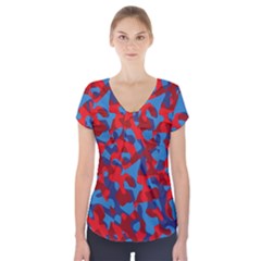 Red And Blue Camouflage Pattern Short Sleeve Front Detail Top by SpinnyChairDesigns