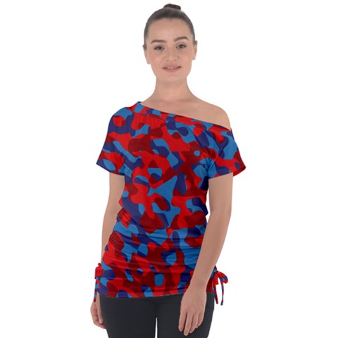 Red And Blue Camouflage Pattern Tie-up Tee by SpinnyChairDesigns