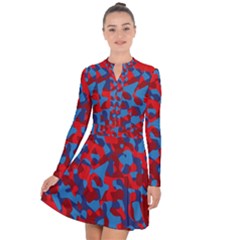 Red And Blue Camouflage Pattern Long Sleeve Panel Dress by SpinnyChairDesigns
