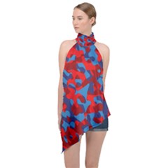 Red And Blue Camouflage Pattern Halter Asymmetric Satin Top by SpinnyChairDesigns
