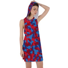 Red And Blue Camouflage Pattern Racer Back Hoodie Dress by SpinnyChairDesigns