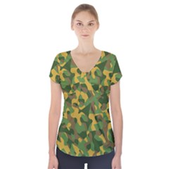 Yellow Green Brown Camouflage Short Sleeve Front Detail Top by SpinnyChairDesigns