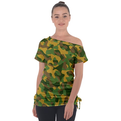 Yellow Green Brown Camouflage Tie-up Tee by SpinnyChairDesigns