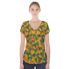 Green And Orange Camouflage Pattern Short Sleeve Front Detail Top by SpinnyChairDesigns