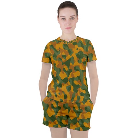 Green And Orange Camouflage Pattern Women s Tee And Shorts Set by SpinnyChairDesigns