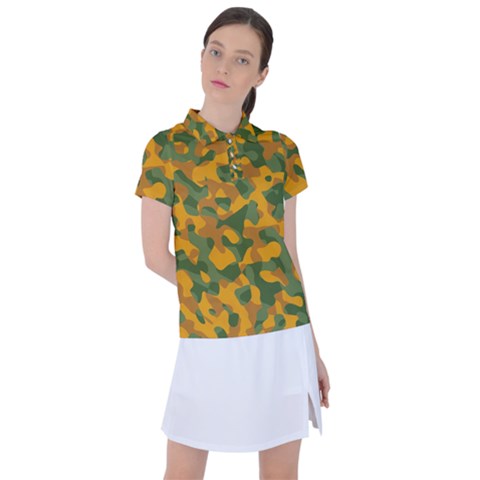 Green And Orange Camouflage Pattern Women s Polo Tee by SpinnyChairDesigns