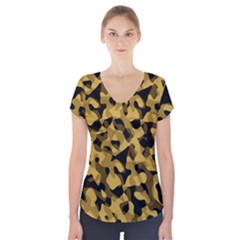 Black Yellow Brown Camouflage Pattern Short Sleeve Front Detail Top by SpinnyChairDesigns
