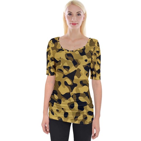 Black Yellow Brown Camouflage Pattern Wide Neckline Tee by SpinnyChairDesigns