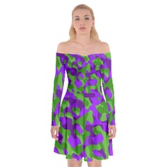 Purple And Green Camouflage Off Shoulder Skater Dress by SpinnyChairDesigns