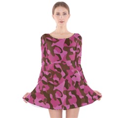 Pink And Brown Camouflage Long Sleeve Velvet Skater Dress by SpinnyChairDesigns