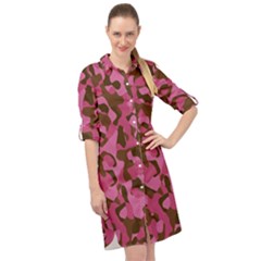 Pink And Brown Camouflage Long Sleeve Mini Shirt Dress by SpinnyChairDesigns