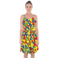Colorful Rainbow Camouflage Pattern Ruffle Detail Chiffon Dress by SpinnyChairDesigns