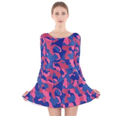 Blue And Pink Camouflage Pattern Long Sleeve Velvet Skater Dress by SpinnyChairDesigns