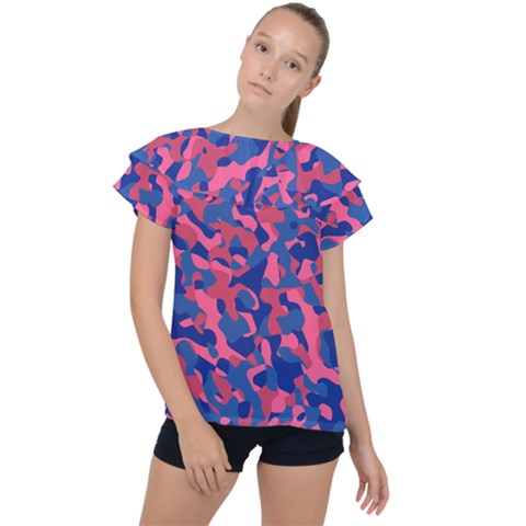 Blue And Pink Camouflage Pattern Ruffle Collar Chiffon Blouse by SpinnyChairDesigns