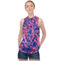 Blue and Pink Camouflage Pattern High Neck Satin Top View1