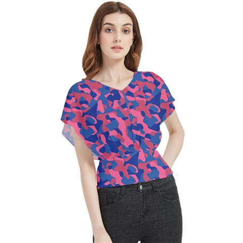 Blue And Pink Camouflage Pattern Butterfly Chiffon Blouse by SpinnyChairDesigns