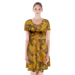 Brown And Orange Camouflage Short Sleeve V-neck Flare Dress by SpinnyChairDesigns