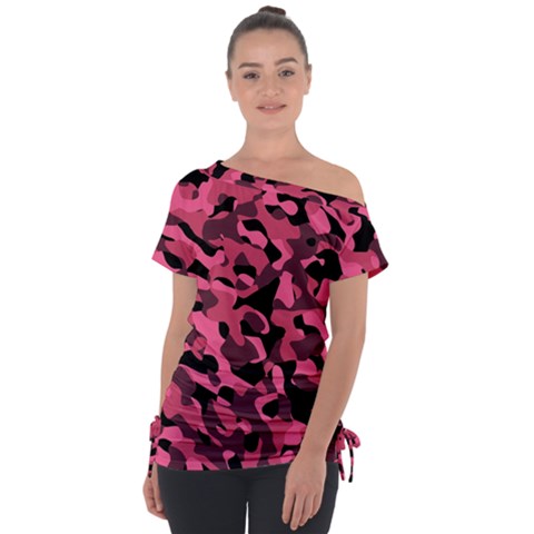 Black And Pink Camouflage Pattern Tie-up Tee by SpinnyChairDesigns