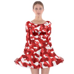 Red And White Camouflage Pattern Long Sleeve Skater Dress by SpinnyChairDesigns