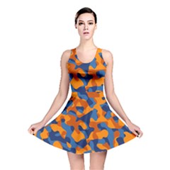 Blue And Orange Camouflage Pattern Reversible Skater Dress by SpinnyChairDesigns