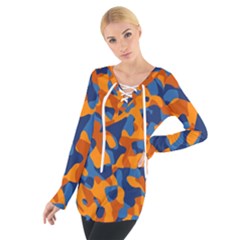 Blue And Orange Camouflage Pattern Tie Up Tee by SpinnyChairDesigns