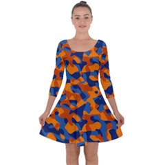 Blue And Orange Camouflage Pattern Quarter Sleeve Skater Dress by SpinnyChairDesigns