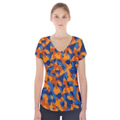 Blue And Orange Camouflage Pattern Short Sleeve Front Detail Top by SpinnyChairDesigns