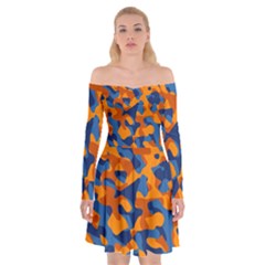 Blue And Orange Camouflage Pattern Off Shoulder Skater Dress by SpinnyChairDesigns