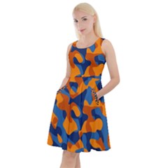 Blue And Orange Camouflage Pattern Knee Length Skater Dress With Pockets by SpinnyChairDesigns