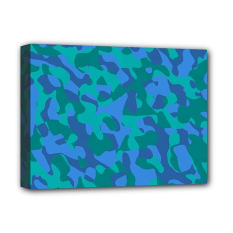 Blue Turquoise Teal Camouflage Pattern Deluxe Canvas 16  X 12  (stretched)  by SpinnyChairDesigns