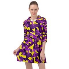 Purple And Yellow Camouflage Pattern Mini Skater Shirt Dress by SpinnyChairDesigns