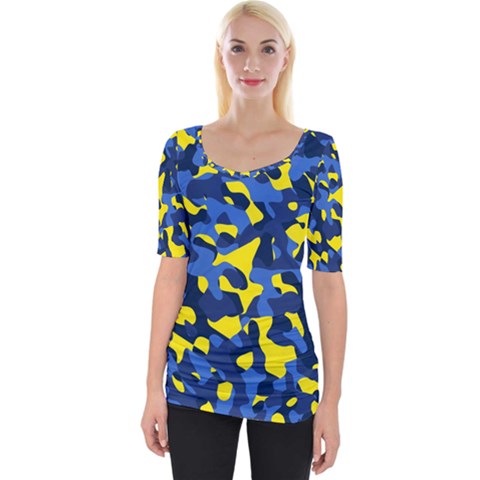 Blue And Yellow Camouflage Pattern Wide Neckline Tee by SpinnyChairDesigns