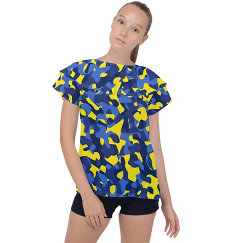 Blue And Yellow Camouflage Pattern Ruffle Collar Chiffon Blouse by SpinnyChairDesigns