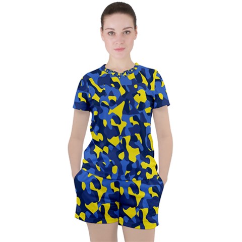 Blue And Yellow Camouflage Pattern Women s Tee And Shorts Set by SpinnyChairDesigns