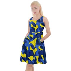 Blue And Yellow Camouflage Pattern Knee Length Skater Dress With Pockets by SpinnyChairDesigns