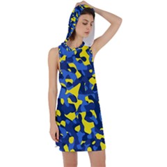 Blue And Yellow Camouflage Pattern Racer Back Hoodie Dress by SpinnyChairDesigns