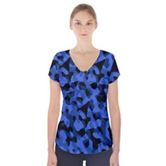 Black And Blue Camouflage Pattern Short Sleeve Front Detail Top by SpinnyChairDesigns